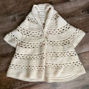Back‎ Street Vintage Crochet Open Front Knit Shawl Capelet Cardigan, Cream,L